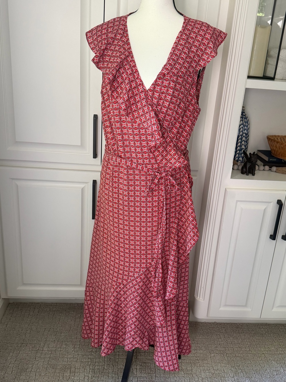 Max Studio Red Printed Wrap Midi Dress with Ruffle Trim